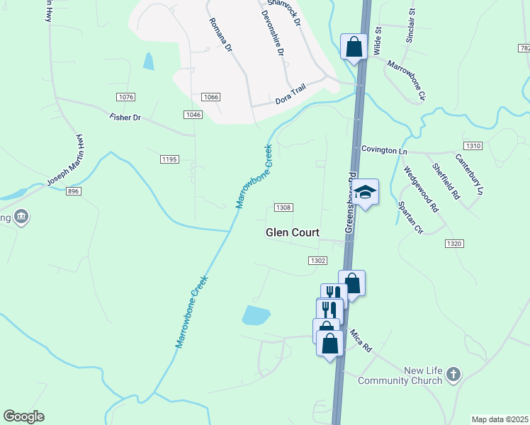 map of restaurants, bars, coffee shops, grocery stores, and more near 271 Glen Oak Circle in Ridgeway