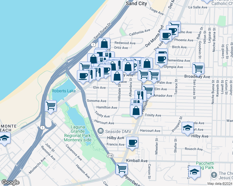 map of restaurants, bars, coffee shops, grocery stores, and more near 575 Amador Avenue in Seaside