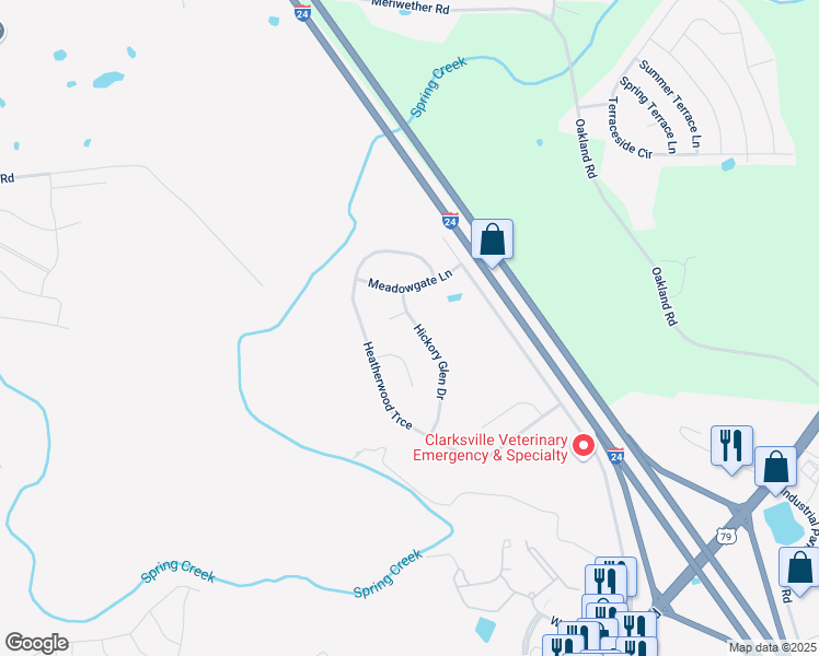 map of restaurants, bars, coffee shops, grocery stores, and more near 3484 Hickory Glen Drive in Clarksville