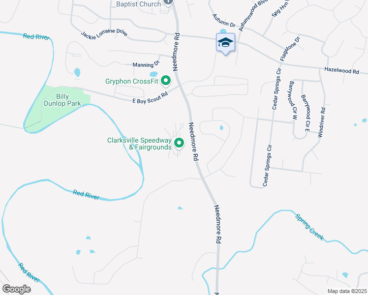map of restaurants, bars, coffee shops, grocery stores, and more near 1432 Needmore Road in Clarksville