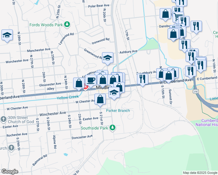 map of restaurants, bars, coffee shops, grocery stores, and more near in Middlesboro