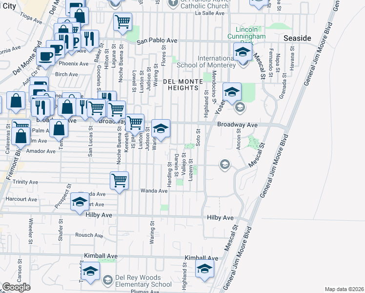 map of restaurants, bars, coffee shops, grocery stores, and more near 1524 Elm Avenue in Seaside