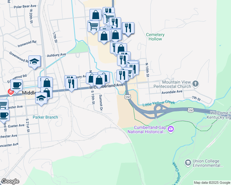 map of restaurants, bars, coffee shops, grocery stores, and more near 103 13th Street in Middlesboro