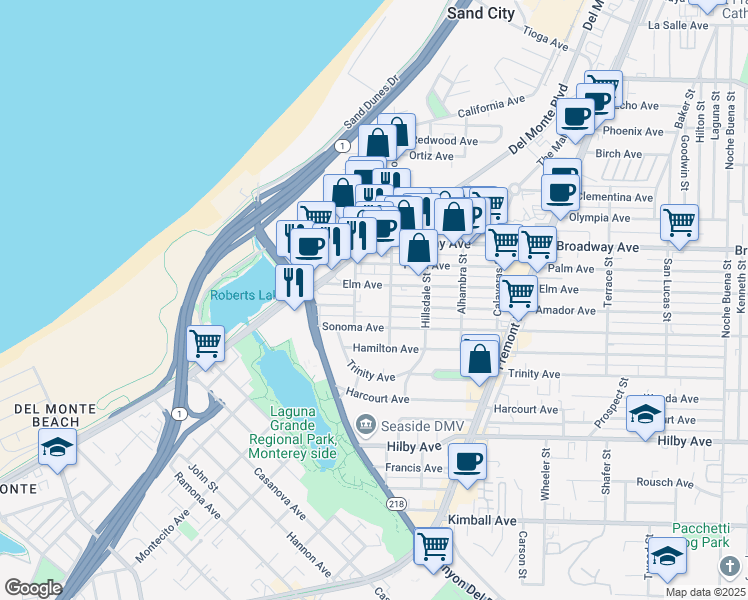 map of restaurants, bars, coffee shops, grocery stores, and more near 1491 Contra Costa Street in Seaside
