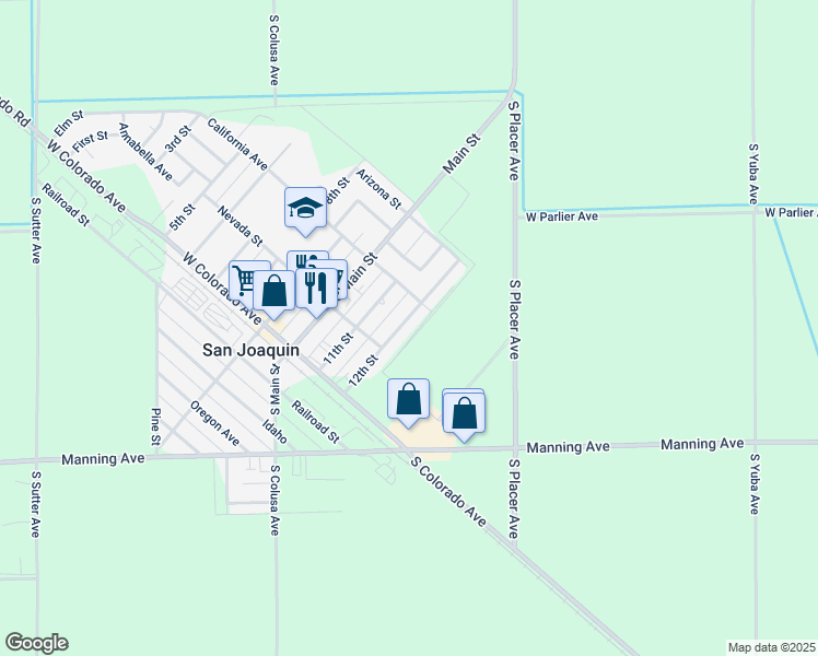 map of restaurants, bars, coffee shops, grocery stores, and more near 8688 12th Street in San Joaquin