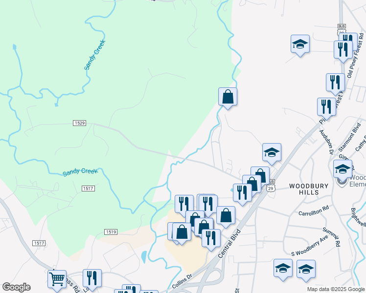 map of restaurants, bars, coffee shops, grocery stores, and more near 494 Parker Road in Danville