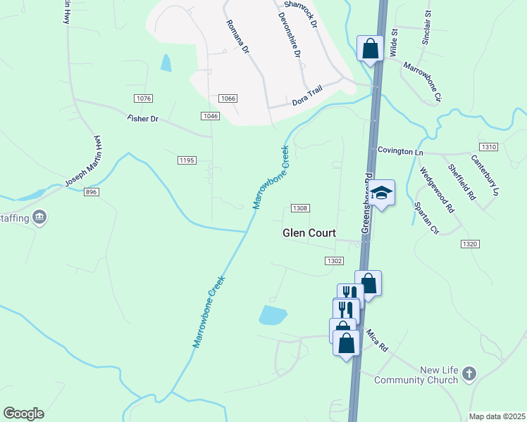 map of restaurants, bars, coffee shops, grocery stores, and more near 271 Glen Oak Circle in Ridgeway