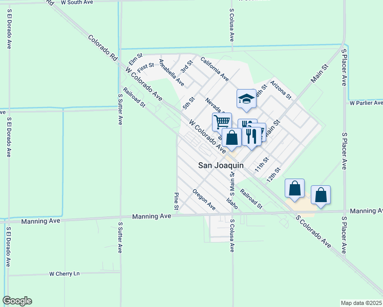 map of restaurants, bars, coffee shops, grocery stores, and more near 22173 West Railroad Avenue in San Joaquin