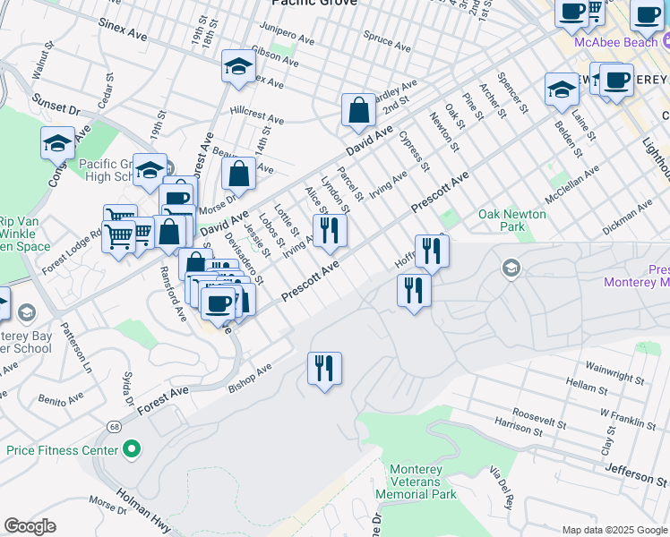 map of restaurants, bars, coffee shops, grocery stores, and more near 699 Taylor St in Monterey