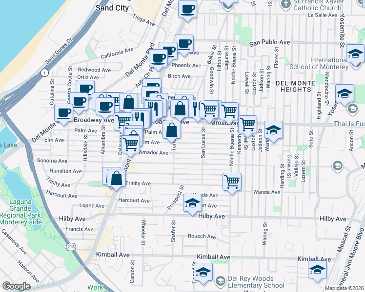 map of restaurants, bars, coffee shops, grocery stores, and more near 1136 Elm Avenue in Seaside