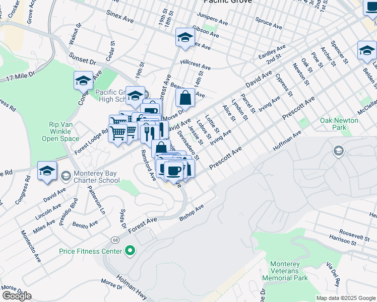 map of restaurants, bars, coffee shops, grocery stores, and more near 1140 Devisadero Street in Pacific Grove