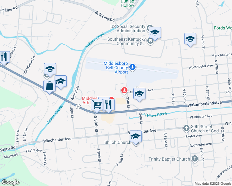 map of restaurants, bars, coffee shops, grocery stores, and more near 1420 Dorchester Avenue in Middlesboro