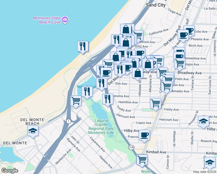 map of restaurants, bars, coffee shops, grocery stores, and more near 490 Del Monte Boulevard in Seaside