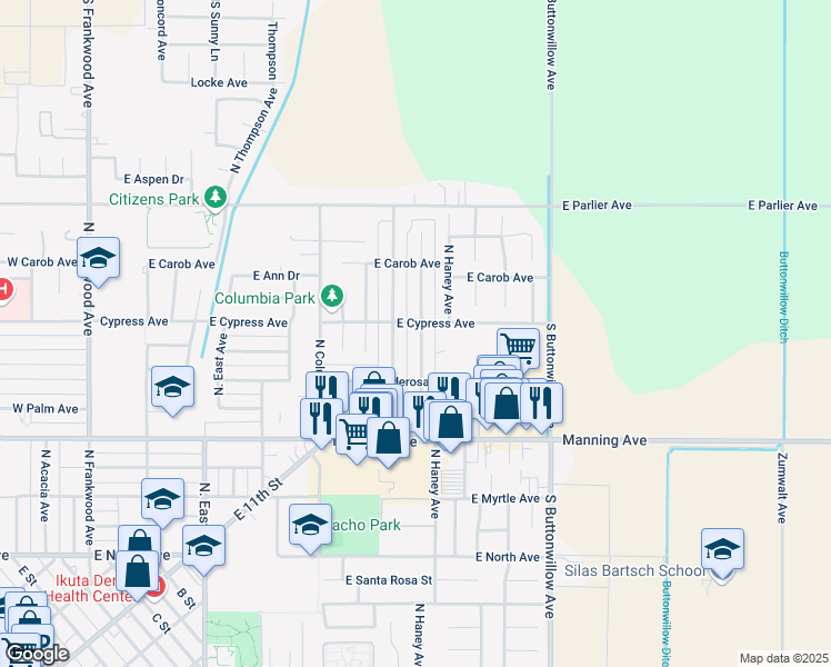 map of restaurants, bars, coffee shops, grocery stores, and more near 1275 North Hemlock Avenue in Reedley