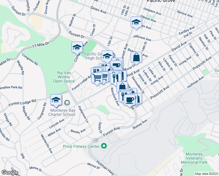 map of restaurants, bars, coffee shops, grocery stores, and more near 2815 David Avenue in Pacific Grove