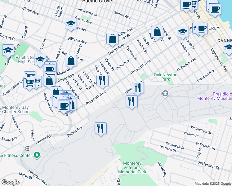 map of restaurants, bars, coffee shops, grocery stores, and more near 660 Alice Street in Monterey