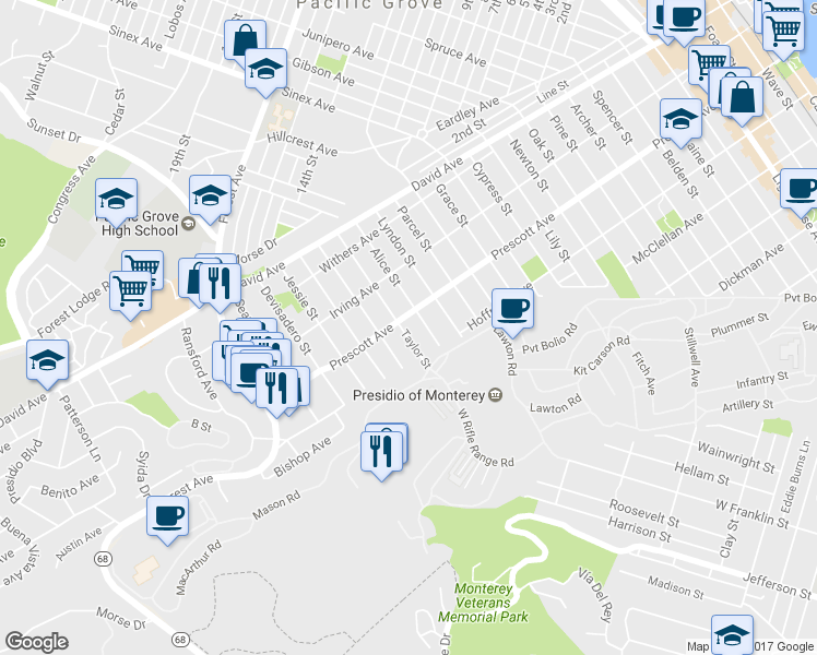 map of restaurants, bars, coffee shops, grocery stores, and more near 682 Taylor Street in Monterey
