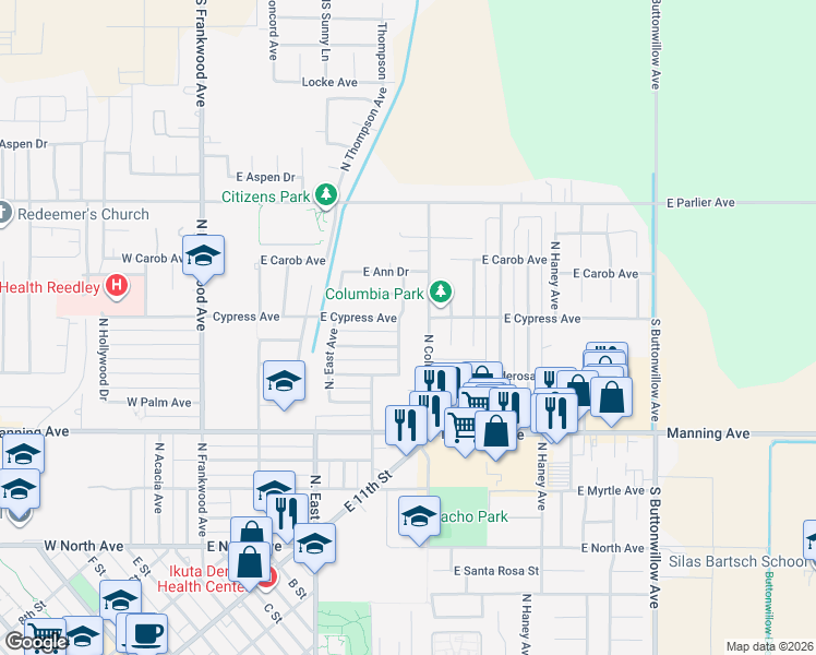 map of restaurants, bars, coffee shops, grocery stores, and more near 1272 North Steven Avenue in Reedley