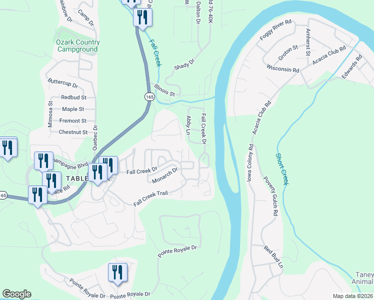 map of restaurants, bars, coffee shops, grocery stores, and more near 2 Woods Court in Branson