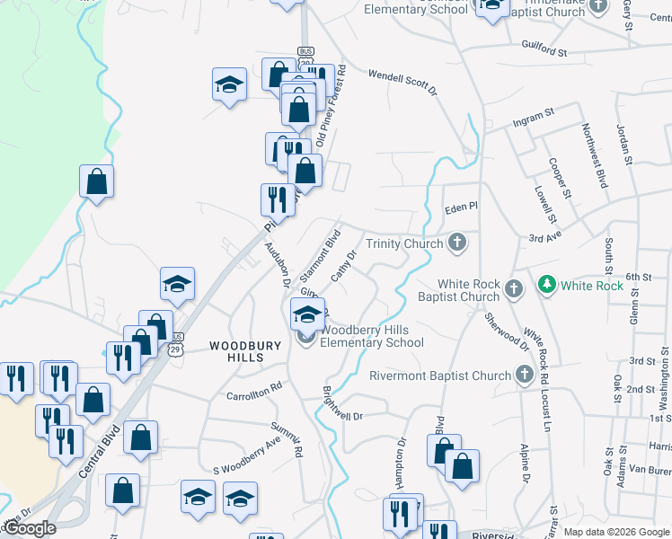 map of restaurants, bars, coffee shops, grocery stores, and more near 207 Cathy Drive in Danville