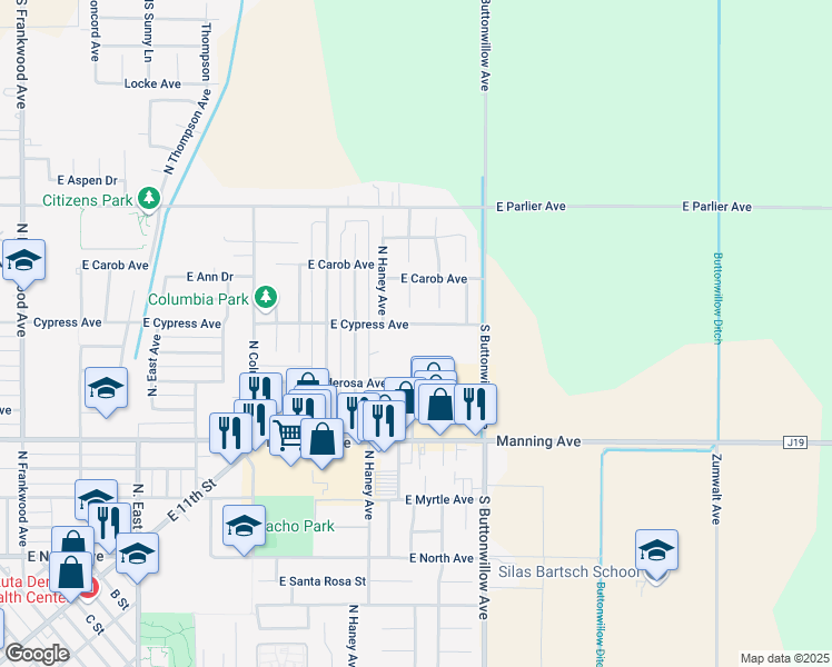 map of restaurants, bars, coffee shops, grocery stores, and more near 1494 East Cypress Avenue in Reedley