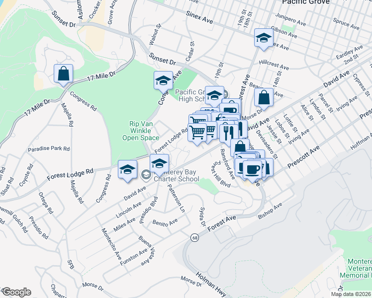 map of restaurants, bars, coffee shops, grocery stores, and more near 605 Acorn Court in Pacific Grove