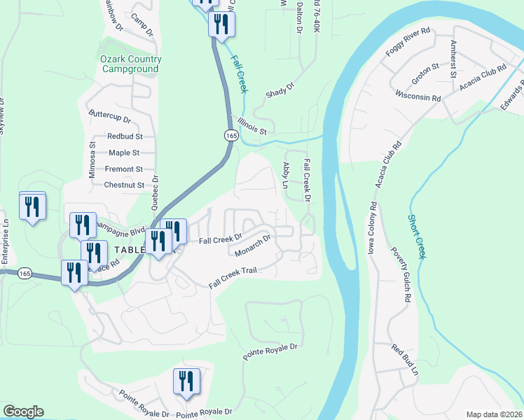 map of restaurants, bars, coffee shops, grocery stores, and more near 221 Blue Bird Lane in Branson