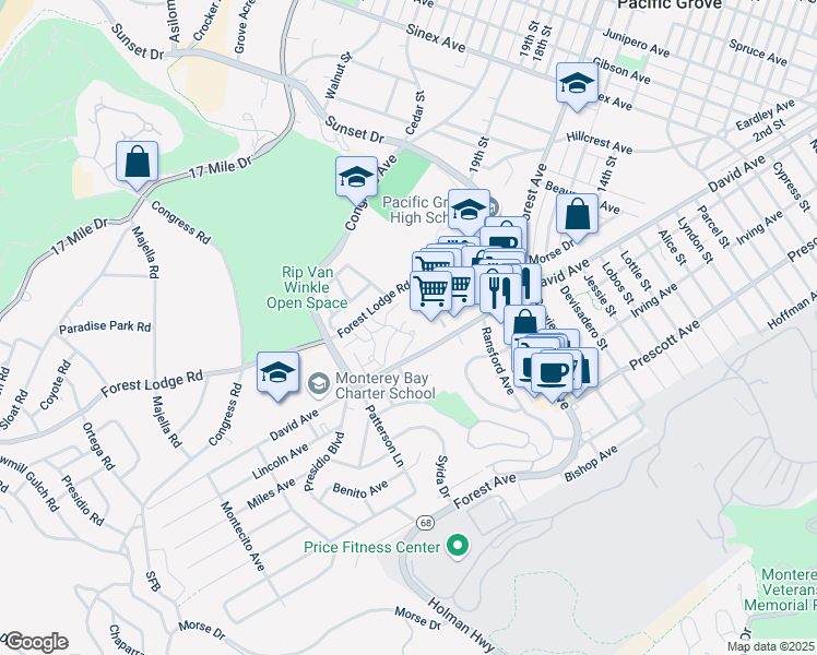 map of restaurants, bars, coffee shops, grocery stores, and more near 605 Acorn Court in Pacific Grove