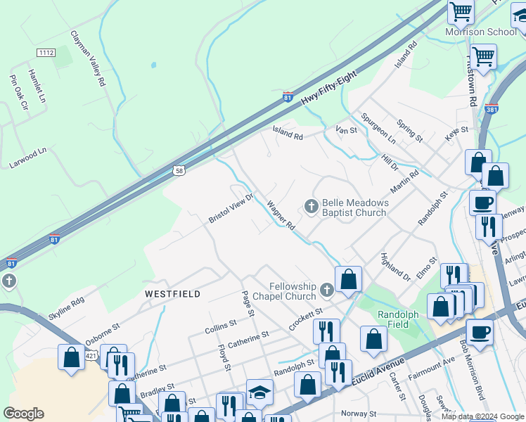 map of restaurants, bars, coffee shops, grocery stores, and more near 900 Wagner Road in Bristol