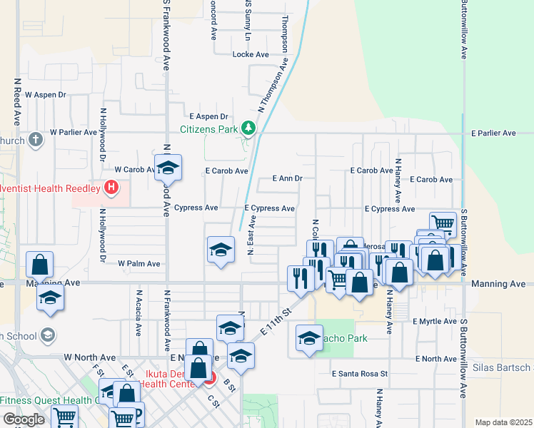 map of restaurants, bars, coffee shops, grocery stores, and more near 705 East Cypress Avenue in Reedley