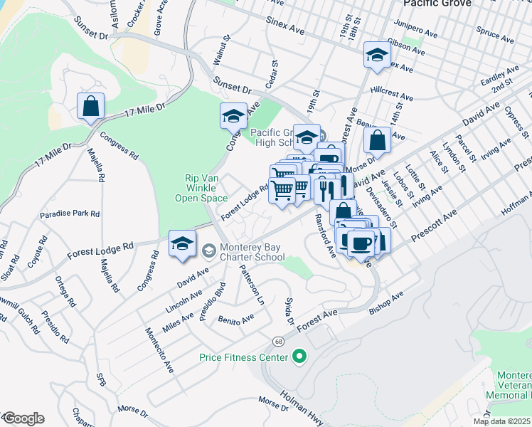 map of restaurants, bars, coffee shops, grocery stores, and more near 605 Acorn Court in Pacific Grove