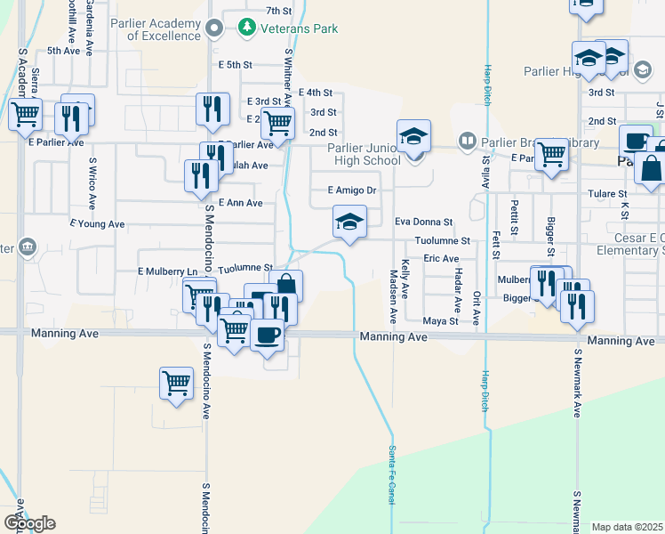 map of restaurants, bars, coffee shops, grocery stores, and more near 13850 Tuolumne Street in Parlier