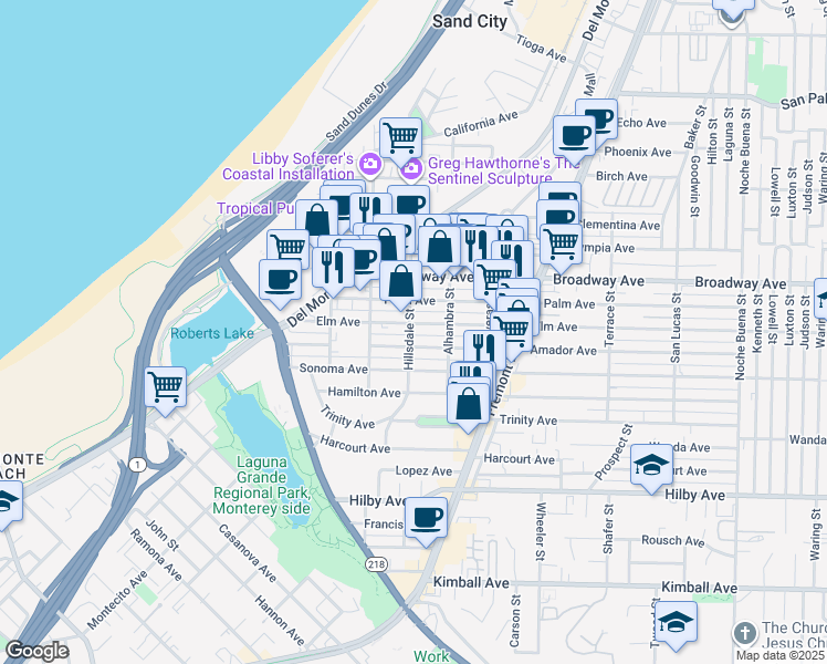 map of restaurants, bars, coffee shops, grocery stores, and more near 570 Elm Avenue in Seaside