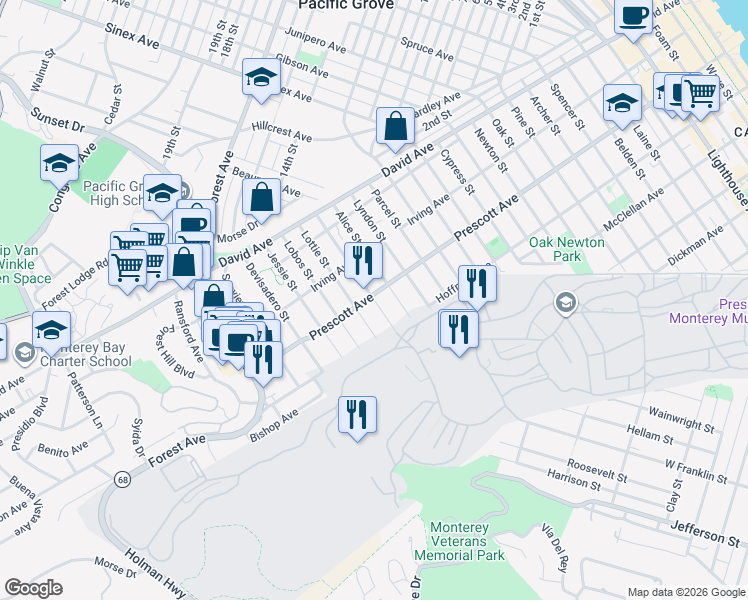 map of restaurants, bars, coffee shops, grocery stores, and more near 699 Taylor Street in Monterey