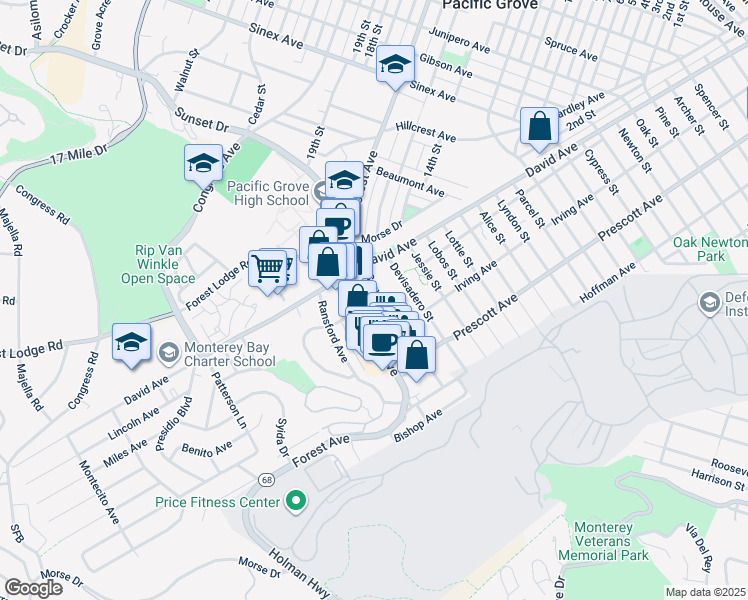 map of restaurants, bars, coffee shops, grocery stores, and more near 1118 Seaview Avenue in Pacific Grove