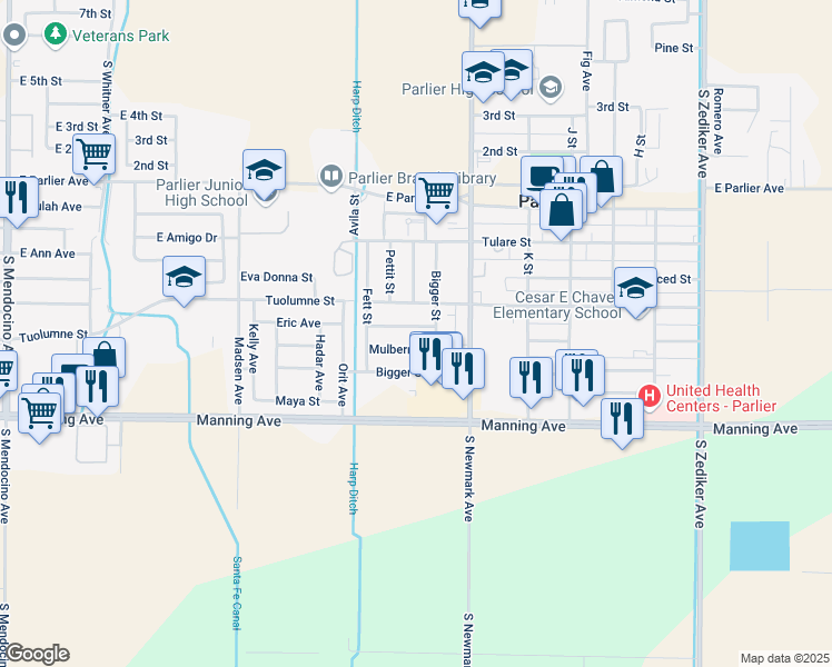 map of restaurants, bars, coffee shops, grocery stores, and more near 862 Stanislaus Street in Parlier