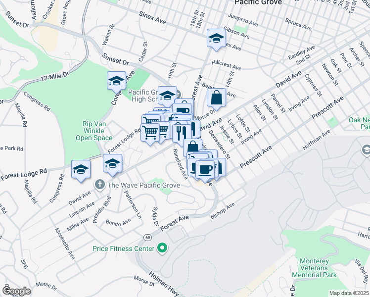 map of restaurants, bars, coffee shops, grocery stores, and more near 1104 Forest Avenue in Pacific Grove