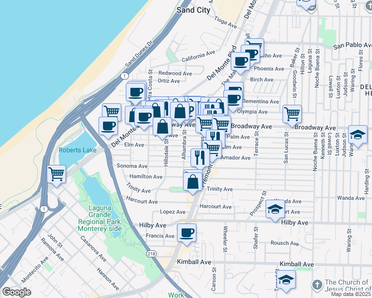 map of restaurants, bars, coffee shops, grocery stores, and more near 700 Elm Avenue in Seaside