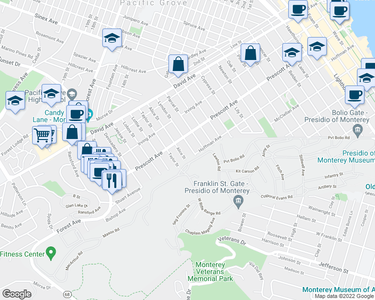 map of restaurants, bars, coffee shops, grocery stores, and more near 660 Alice Street in Monterey