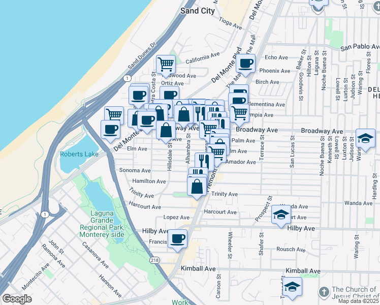 map of restaurants, bars, coffee shops, grocery stores, and more near 700 Elm Avenue in Seaside