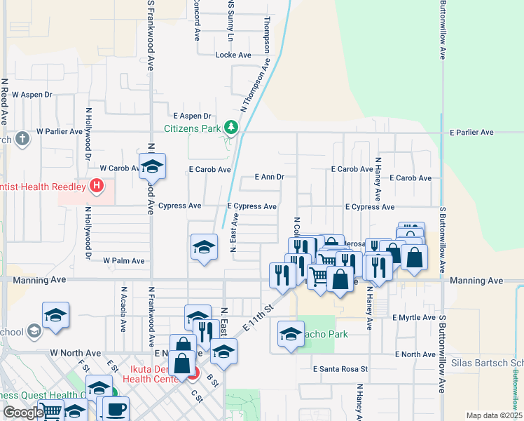 map of restaurants, bars, coffee shops, grocery stores, and more near 705 East Cypress Avenue in Reedley
