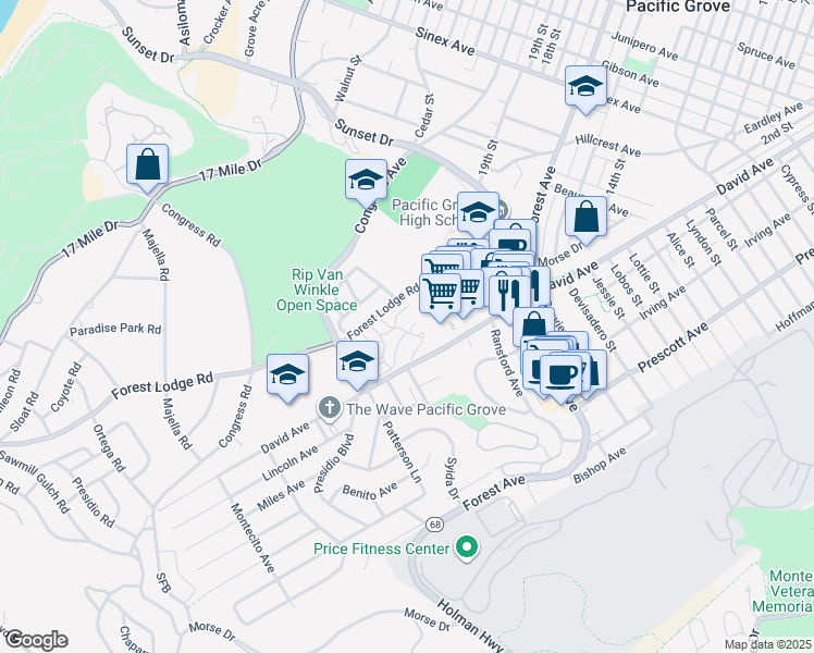 map of restaurants, bars, coffee shops, grocery stores, and more near 610 Acorn Court in Pacific Grove