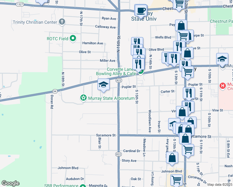 map of restaurants, bars, coffee shops, grocery stores, and more near 206 South 16th Street in Murray