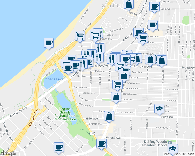 map of restaurants, bars, coffee shops, grocery stores, and more near 570 Elm Avenue in Seaside