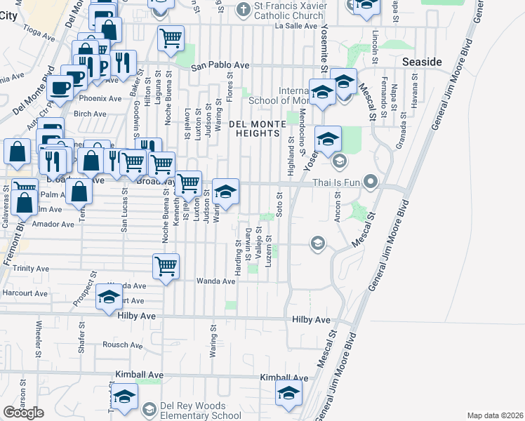 map of restaurants, bars, coffee shops, grocery stores, and more near 1531 Elm Avenue in Seaside