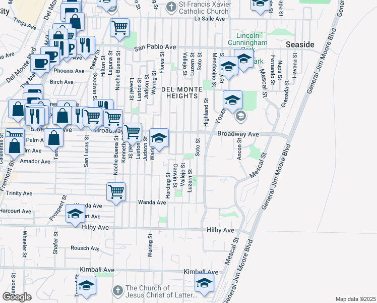 map of restaurants, bars, coffee shops, grocery stores, and more near 1501 Luzern Street in Seaside