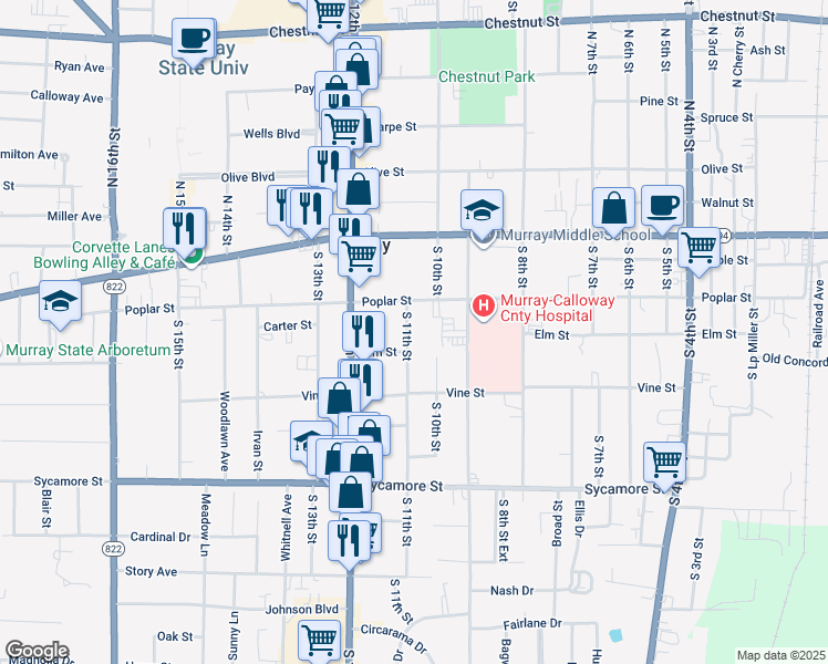 map of restaurants, bars, coffee shops, grocery stores, and more near 203 South 11th Street in Murray