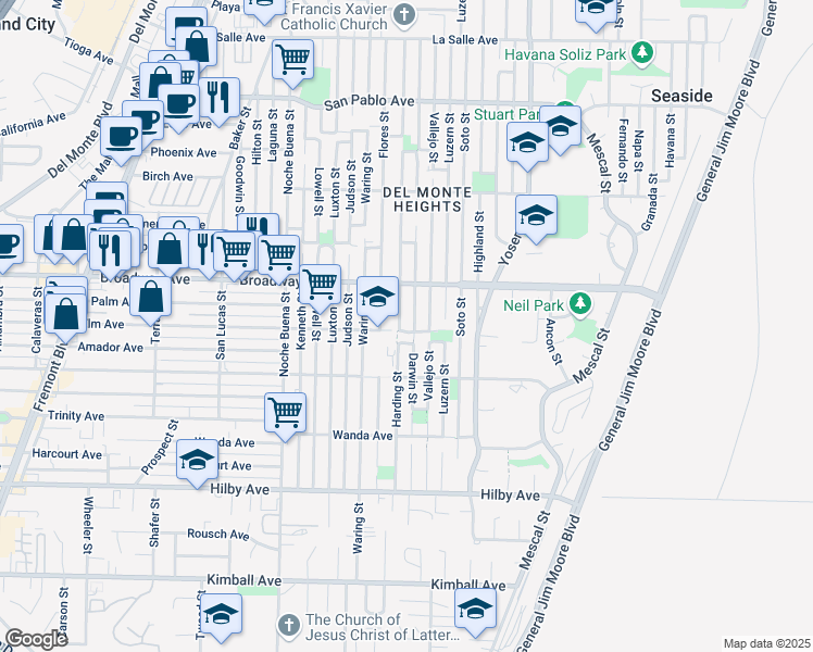 map of restaurants, bars, coffee shops, grocery stores, and more near 1489 Elm Avenue in Seaside