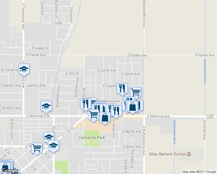 map of restaurants, bars, coffee shops, grocery stores, and more near 1275 North Hemlock Avenue in Reedley