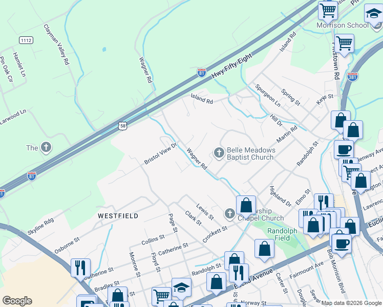 map of restaurants, bars, coffee shops, grocery stores, and more near 899 Wagner Rd in Bristol